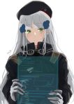  1girl artist_name bangs beret breasts closed_mouth expressionless eyebrows_visible_through_hair girls&#039;_frontline gloves green_eyes hair_between_eyes hair_ornament hairclip hat highres hk416_(girls&#039;_frontline) holding holding_notepad light_blue_hair long_hair looking_down notepad solo sutekina_awa tactical_clothes teardrop_facial_mark teardrop_tattoo upper_body white_background white_gloves 