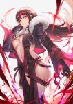  1girl absurdres black_gloves black_hair breasts center_opening closed_mouth consort_yu_(fate) ear_piercing fate/grand_order fate_(series) fur_trim gloves grey_background highres jun_wei long_hair long_sleeves looking_at_viewer medium_breasts navel piercing red_eyes revealing_clothes solo standing underboob 