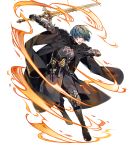  1boy aqua_hair armor bangs black_pants blue_eyes byleth byleth_(male) dagger fire_emblem fire_emblem:_three_houses fire_emblem_heroes full_body gauntlets highres holding holding_sword holding_weapon long_sleeves looking_away male_focus official_art open_mouth pants reverse_grip shiny shiny_skin short_hair solo sword transparent_background weapon 