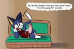  animal_crossing anthro balls bodily_fluids bottomless clothed clothing cum dialogue domestic_cat english_text erection felid feline felis genital_fluids humanoid_penis lying male mammal nintendo open_mouth penis rabblet rover_(animal_crossing) text video_games 