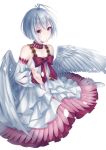  1girl ahoge angel_wings bangs breasts choker cleavage collarbone detached_sleeves dress eyebrows_visible_through_hair feathered_wings fitoria_(tate_no_yuusha_no_nariagari) highres layered_dress long_dress long_sleeves nt_xiki parted_lips pink_eyes short_hair silver_hair simple_background sitting sleeveless sleeveless_dress small_breasts solo tate_no_yuusha_no_nariagari white_background white_dress white_footwear white_sleeves white_wings wings 