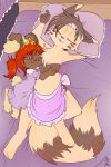  accessory anthro bed brown_fur brown_hair buneary clothed clothing duo eyes_closed female fuf fur furret hair hair_accessory hairband hi_res lagomorph mammal mustela mustelid musteline nintendo one_eye_closed open_mouth pillow pok&eacute;mon pok&eacute;mon_(species) purple_eyes red_hair video_games 