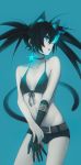  1girl absurdres animal_ears arm_belt asymmetrical_gloves belt belt_buckle black_bikini_top black_gloves black_hair black_ribbon black_rock_shooter black_rock_shooter_(character) black_shorts blue_background blue_eyes breasts brown_belt buckle burning_eye cat_ears cat_tail choker cleavage collarbone contrapposto cowboy_shot elbow_gloves floating_hair front-tie_bikini front-tie_top gloves hair_between_eyes highres long_hair looking_to_the_side ly_(pixiv13839236) midriff profile ribbon ribbon_choker short_shorts shorts simple_background single_glove small_breasts solo standing stomach tail twintails very_long_hair 