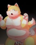  2018 anthro balls belly blush canid canine censored cub duo erection fox humanoid_hands humanoid_penis huuta_2929 japanese_text male male/male mammal moobs one_eye_closed overweight overweight_male penis sex text wink young 