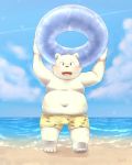  2019 anthro beach belly blush bulge clothing cub fur hi_res humanoid_hands huuta_2929 male mammal moobs navel outside overweight overweight_male polar_bear seaside solo swimwear teeth tongue ursid ursine water white_fur young 