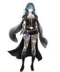  1girl armor belt black_footwear boots breasts byleth byleth_(female) coat dagger fire_emblem fire_emblem:_three_houses fire_emblem_heroes full_body highres hirooka_masaki jacket_on_shoulders knee_boots knee_pads long_hair medium_breasts midriff_peek official_art pantyhose shorts shoulder_pads solo transparent_background weapon 