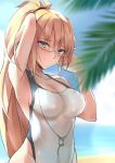  1girl absurdres arms_up beach blonde_hair blue_eyes blurry breasts competition_swimsuit cowboy_shot day depth_of_field fate/grand_order fate_(series) glasses highleg highleg_swimsuit highres jeanne_d&#039;arc_(fate)_(all) jeanne_d&#039;arc_(swimsuit_archer) large_breasts looking_at_viewer ocean one-piece_swimsuit outdoors pj ponytail smile solo swimsuit whistle whistle_around_neck white_swimsuit 
