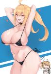  1girl ahoge armpits arms_behind_head bikini black_bikini blonde_hair blue_background breasts chibi cleavage collar commentary_request cowboy_shot eyebrows_visible_through_hair hair_between_eyes hair_ornament heart heart_hair_ornament highres large_breasts long_hair maruya1006 multiple_views navel open_mouth orange_eyes original saaya_(kirome) sidelocks speech_bubble striped striped_background swimsuit twintails white_background yellow_eyes 