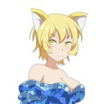  1girl alternate_costume animal_ears bangs bare_shoulders blonde_hair blue_kimono blush breasts cato_(monocatienus) cleavage commentary_request eyebrows_visible_through_hair fox_ears hair_between_eyes japanese_clothes kimono large_breasts looking_at_viewer no_hat no_headwear off_shoulder short_hair simple_background smile solo touhou upper_body white_background yakumo_ran yellow_eyes 
