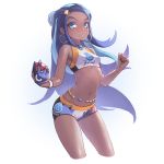  1girl asymmetrical_gloves belly_chain bikini_shorts black_hair blue_eyes blue_hair braid breasts cropped_legs dark_skin earrings floating_hair gloves groin hair_ornament highres holding holding_poke_ball jewelry long_hair looking_at_viewer mao_san multicolored_hair navel o-ring parted_lips poke_ball pokemon pokemon_(game) pokemon_swsh rurina_(pokemon) shiny shiny_skin shorts simple_background single_glove small_breasts solo sports_bikini standing two-tone_hair very_long_hair white_background 