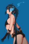  1girl absurdres arm_belt asymmetrical_hair belt black_bikini_top black_gloves black_ribbon black_rock_shooter black_rock_shooter_(character) black_shorts blue_background blue_eyes blue_hair breasts brown_belt burning_eye choker closed_mouth collarbone dutch_angle earrings elbow_gloves from_side front-tie_top gloves hair_between_eyes head_tilt highres jewelry long_hair ly_(pixiv13839236) ribbon ribbon_choker scar short_shorts shorts sideboob simple_background small_breasts solo standing star star_earrings twintails very_long_hair 