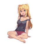  1girl barefoot blonde_hair blush breasts cleavage danberu_nan_kiro_moteru? fang feet full_body green_eyes heavy_breathing highres looking_at_viewer medium_breasts newey open_mouth red_shorts sakura_hibiki_(danberu_nan_kiro_moteru?) short_shorts shorts simple_background solo strap_slip sweat tan tank_top wavy_mouth white_background 