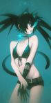  1girl absurdres animal_ears arm_belt asymmetrical_gloves belt belt_buckle black_bikini_top black_gloves black_hair black_ribbon black_rock_shooter black_rock_shooter_(character) black_shorts blue_background blue_eyes blurry breasts brown_belt buckle burning_eye cat_ears cat_tail character_name choker cleavage collarbone contrapposto copyright_name cowboy_shot earrings elbow_gloves floating_hair front-tie_bikini front-tie_top gloves hair_between_eyes highres jewelry long_hair looking_to_the_side ly_(pixiv13839236) midriff profile ribbon ribbon_choker short_shorts shorts simple_background single_glove small_breasts solo standing star star_earrings stomach tail twintails very_long_hair 