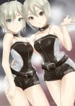  2girls :o ahoge anastasia_(idolmaster) belt black_choker blue_eyes blush choker collarbone eyebrows_visible_through_hair ginnote grey_eyes grey_hair hair_between_eyes hair_over_one_eye hand_on_another&#039;s_back hug idolmaster idolmaster_cinderella_girls multiple_girls shiomi_shuuko short_hair shorts spaghetti_strap 