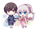  1boy 1girl bag black_hair blue_eyes candy_apple charlotte_(anime) commentary_request cotton_candy flower food full_body hair_flower hair_ornament japanese_clothes jinbei_(clothes) kimono kousetsu long_hair lowres otosaka_yuu pink_kimono plastic_bag ponytail red_eyes silver_hair simple_background striped takoyaki tomori_nao white_background yukata 