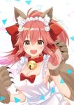  1girl absurdres animal_ear_fluff animal_ears apron bell bell_collar blush breasts cat_hair_ornament cat_paws cleavage collar collarbone fang fate/grand_order fate_(series) fox_ears fox_girl fox_tail gloves hair_ornament hair_ribbon highres jingle_bell large_breasts long_hair looking_at_viewer maid_headdress momono_aya naked_apron open_mouth paw_gloves paws pink_hair ponytail red_ribbon ribbon skin_fang solo tail tamamo_(fate)_(all) tamamo_cat_(fate) yellow_eyes 