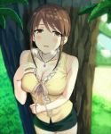  1girl against_tree black_skirt blush breasts brown_eyes brown_hair cleavage collarbone commentary_request hand_on_breast idolmaster idolmaster_cinderella_girls jewelry large_breasts leaf looking_at_viewer medium_hair mifune_miyu miniskirt necklace open_mouth pencil_skirt shiroi_yuumi shirt sidelocks skirt solo tree visible_air yellow_shirt 