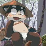  1:1 2007 anthro blush brown_fur bulge canid canine clothing cub detailed_background fur gappu hat headgear headwear humanoid_hands male mammal navel outside raccoon_dog sitting slightly_chubby solo tanuki underwear young 