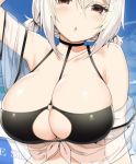  1girl azur_lane bangs bikini black_bikini breasts choker cleavage commentary_request eyewear_on_head hair_between_eyes heart heart-shaped_eyewear huge_breasts o-ring o-ring_top open_mouth red_eyes scrunchie short_hair sirius_(azur_lane) sirius_(midsummer_seirios)_(azur_lane) sky_(freedom) solo sunglasses swimsuit white_hair white_scrunchie wrist_scrunchie 