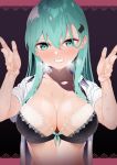  1girl aqua_hair black_background black_bra blush bra breasts byte_(allbyte) cleavage collarbone grin hair_ornament hair_over_breasts hairclip hands_up highres kantai_collection large_breasts lips long_hair looking_at_viewer outside_border shirt simple_background smile solo steam suggestive_fluid suzuya_(kantai_collection) sweat underwear upper_body white_shirt 