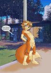  absurd_res anthro bdsm black_fur blonde_hair blush bondage bound camp canid canine fur grass group hair hi_res kithawking male mammal navel nipples nude orange_fur public solo standing teenager text tree young 