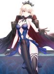  1girl artoria_pendragon_(all) artoria_pendragon_(swimsuit_rider_alter) bangs bare_shoulders black_gloves black_jacket black_legwear blonde_hair blue_dress blush braid breasts center_opening closed_mouth collarbone dress fate/grand_order fate_(series) french_braid gloves hair_between_eyes hair_bun highres jacket jacket_on_shoulders long_hair looking_at_viewer medium_breasts navel open_clothes open_jacket pale_skin ririko_(zhuoyandesailaer) sidelocks simple_background sitting smile solo thighhighs thighs tiara white_background yellow_eyes 