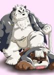  2009 angry anthro belly black_nose brown_fur clothing duo felid fundoshi fur humanoid_hands jacket japanese_clothing kimagure_monja male mammal moobs navel overweight overweight_male pantherine simple_background tiger tongue tongue_out topwear underwear ursid white_fur 