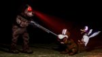  16:9 3d_(artwork) anatid anseriform avian bird blue_feathers brown_fur canid canine canis clothing costume digital_media_(artwork) dog_(duck_season) domestic_dog duck duck_hunt duck_hunt_dog duck_hunt_duck duck_season feathers fur glowing glowing_eyes gun hi_res kittenlover75 mammal muzzle_(disambiguation) nintendo purple_feathers ranged_weapon red_eyes surprise video_games weapon white_feathers 