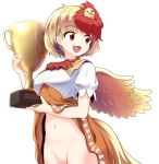  1girl :d animal animal_on_head bangs bird blonde_hair blush breasts chick commentary_request covered_nipples cowboy_shot dress dress_lift eyebrows_visible_through_hair fang feathered_wings groin highres holding large_breasts multicolored_hair navel niwatari_kutaka on_head open_mouth orange_dress puffy_short_sleeves puffy_sleeves pussy red_eyes red_hair red_neckwear shirt short_hair short_sleeves simple_background skin_fang smile solo standing stomach sweat sweatdrop tada_no_nasu tail_feathers touhou trophy two-tone_hair white_background white_shirt wings yellow_wings 