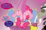  2019 barely_visible_genitalia barely_visible_pussy blue_eyes convenient_censorship covering covering_breasts discord_(mlp) draconequus drinking duo english_text equid equine female friendship_is_magic frist44 front_view hi_res horse inside male mammal mirror my_little_pony pinkie_pie_(mlp) pony pussy smile sound_effects speech_bubble spread_legs spreading straw text upside_down 