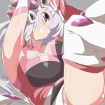  1girl ahoge arms_up breasts cleavage elbow_gloves gloves grin headgear knees_up large_breasts lavender_hair leotard long_hair looking_at_viewer parted_lips purple_eyes red_leotard senki_zesshou_symphogear shiny shiny_hair shiny_skin sitting smile solo teeth thighhighs twintails very_long_hair white_legwear yoshi_tama yukine_chris 