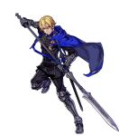  1boy armor armored_boots blonde_hair blue_eyes boots cape dimitri_alexandre_bladud_(fire_emblem) fire_emblem fire_emblem:_three_houses fire_emblem_heroes fujisaka_kimihiko full_body gauntlets gloves highres long_sleeves male_focus official_art pants polearm short_hair solo spear sword transparent_background weapon 