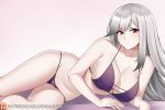  1girl aslindsamure azur_lane bangs bare_shoulders blush bra breasts cleavage closed_mouth collarbone dunkerque_(azur_lane) eyebrows_visible_through_hair gradient gradient_background grey_hair hair_ornament large_breasts lingerie long_hair looking_at_viewer lying navel on_side panties pink_eyes purple_bra purple_panties sidelocks simple_background skindentation solo thighs underwear 
