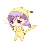  :&lt; chibi circlet company_connection cosplay fire_emblem fire_emblem:_souen_no_kiseki gen_1_pokemon ilyana long_hair low-tied_long_hair lowres miyako_(mongcocoa) pikachu pikachu_(cosplay) pokemon purple_eyes purple_hair simple_background solo spark white_background 