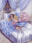  :d absurdres barefoot bed bed_sheet blonde_hair bloomers blue_eyes blush canopy_bed highres kouno_sachiko latooni_subota lingerie lying multiple_girls nightgown official_art on_back on_stomach open_mouth purple_hair see-through shine_hausen short_hair smile super_robot_wars super_robot_wars_original_generation underwear 