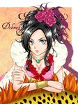  bad_id bad_pixiv_id black_hair blue_eyes borongo bow bracelet breasts cleavage deborah dragon_quest dragon_quest_v dress earrings feather_boa flower hair_flower hair_ornament hair_up jewelry large_breasts mole mole_under_eye moon-p necklace purple_flower purple_rose rose solo 