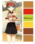  bad_id bad_pixiv_id blue_eyes brown_hair employee_uniform fast_food_uniform food french_fries hamburger highres kippu original ponytail solo uniform visor_cap waitress 