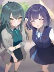  2girls antenna_hair black_skirt blue_overskirt blue_ribbon blue_skirt blue_vest coat commentary_request flower gakuen_idolmaster green_hair green_shirt grey_coat hair_flower hair_ornament hataya_misuzu hatsuboshi_gakuen_school_uniform highres idolmaster long_hair multiple_girls neck_ribbon pleated_skirt purple_hair ribbon school_uniform shirt short_hair skirt standing tsukimura_temari ura_(hamburg_oniku) very_long_hair vest white_shirt 
