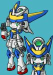  1girl arm_at_side armor armored_boots blue_background boots bright_pupils closed_mouth commentary_request full_body green_eyes gundam hand_up helmet highres huma humanization izuna_yoshitsune looking_at_viewer mecha_musume multiple_views simple_background smile standing v v-fin v2_gundam victory_gundam white_pupils 