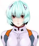  ayanami_rei bad_id bad_pixiv_id blue_hair bodysuit breasts kari_(kakko_k) large_breasts neon_genesis_evangelion plugsuit red_eyes short_hair simple_background solo upper_body white_bodysuit 