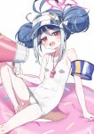  1girl armband barefoot blue_archive blue_armband blue_hair blue_hat blush breasts commentary_request double_bun doughnut_innertube fubuki_(blue_archive) fubuki_(swimsuit)_(blue_archive) hair_between_eyes hair_bun halo hat hat_ornament highres holding holding_megaphone innertube megaphone multicolored_hair one-piece_swimsuit open_mouth red_eyes sidelocks simple_background sitting small_breasts solo sweat swim_ring swimsuit teeth upper_teeth_only visor_cap wagashi928 whistle whistle_around_neck white_background white_one-piece_swimsuit 