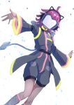  &gt;_o 1girl ahoge animal_ear_headphones animal_ears cat_ear_headphones commentary fake_animal_ears grey_jacket grey_shorts head-mounted_display headphones highres jacket long_sleeves love_live! love_live!_nijigasaki_high_school_idol_club macken medium_hair one_eye_closed outstretched_arms pink_hair rina-chan_board shorts solo tennoji_rina tsunagaru_connect_(love_live!) upper_body 