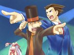  2boys amazon boa_hancock breasts crossover gyakuten_saiban hat head_back hershel_layton large_breasts multiple_boys naruhodou_ryuuichi necktie nenone_miya one_piece pointing professor_layton professor_layton_vs._gyakuten_saiban tongue top_hat 