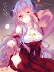  bad_id bad_pixiv_id breasts cleavage coin hakama hanyuu highres higurashi_no_naku_koro_ni horns japanese_clothes large_breasts long_hair miko no_panties purple_eyes purple_hair red_hakama rori_(artist) solo tears 