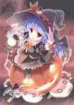  bat_wings blue_hair candy fang food ghost halloween hand_on_headwear hat jack-o'-lantern lantern long_hair looking_at_viewer nail_polish o_o open_mouth original pikazo pinky_out pumpkin purple_nails red_eyes smile solo striped striped_legwear thighhighs wings witch witch_hat 