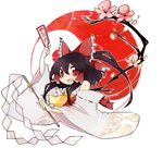  bare_shoulders bell black_hair cherry_blossoms detached_sleeves gohei hakurei_reimu holding jingle_bell long_hair looking_at_viewer ofuda oinari_(tensaizoku) open_mouth ponytail red_eyes smile solo touhou upper_body yin_yang 