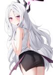  1girl ass back black_skirt blue_archive collared_shirt commentary_request demon_girl demon_horns demon_wings from_behind hair_between_eyes hair_down halo hands_on_own_chest highres hina_(blue_archive) horns long_hair looking_at_viewer looking_back official_alternate_costume official_alternate_hairstyle parted_bangs pencil_skirt purple_eyes shirt side_slit sidelocks simple_background skirt sleeveless sleeveless_shirt solo wavy_hair white_background white_hair white_shirt wings yon_(letter) 