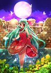  ao_ringo bad_id bad_pixiv_id bow bug butterfly copyright_request dress green_hair hair_bow highres insect moon red_eyes skirt_hold solo wading water 