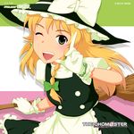  blonde_hair broom cosplay gloves green_eyes hat highres hoshii_miki idolmaster idolmaster_(classic) kirisame_marisa kirisame_marisa_(cosplay) long_hair one_eye_closed solo supuzawa touhou witch_hat 