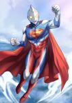  1boy alien bodysuit cape crossover dc_comics fusion giant highres muscular red_cape superhero_costume superman superman_(series) superman_logo tokusatsu ultra_series ultraman ultraman_(1st_series) yellow_eyes zakurarain_(rainbowfiedmaya) 